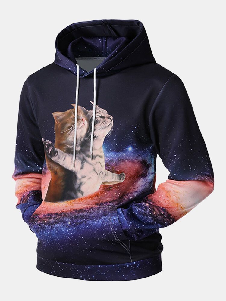 Sudaderas Con Capucha De Diseño De Bolsillo Con Bolsa De Manga Larga Con Estampado De Galaxia Con Patrón De Gato 3d Divertido Para Hombre