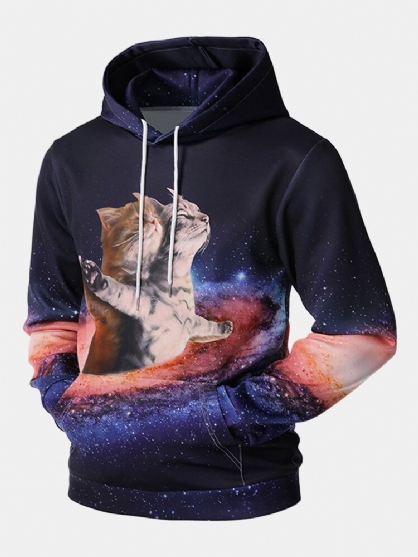 Sudaderas Con Capucha De Diseño De Bolsillo Con Bolsa De Manga Larga Con Estampado De Galaxia Con Patrón De Gato 3d Divertido Para Hombre