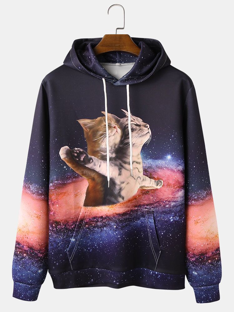 Sudaderas Con Capucha De Diseño De Bolsillo Con Bolsa De Manga Larga Con Estampado De Galaxia Con Patrón De Gato 3d Divertido Para Hombre