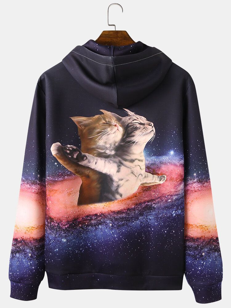 Sudaderas Con Capucha De Diseño De Bolsillo Con Bolsa De Manga Larga Con Estampado De Galaxia Con Patrón De Gato 3d Divertido Para Hombre