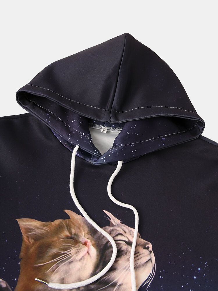 Sudaderas Con Capucha De Diseño De Bolsillo Con Bolsa De Manga Larga Con Estampado De Galaxia Con Patrón De Gato 3d Divertido Para Hombre