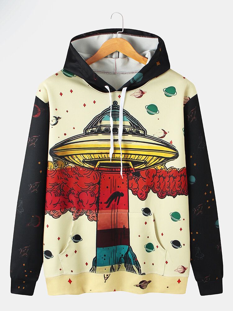 Sudaderas Con Capucha De Diseño De Bolsillo De Canguro Con Estampado De Graffiti De Planeta Ufo Para Hombre