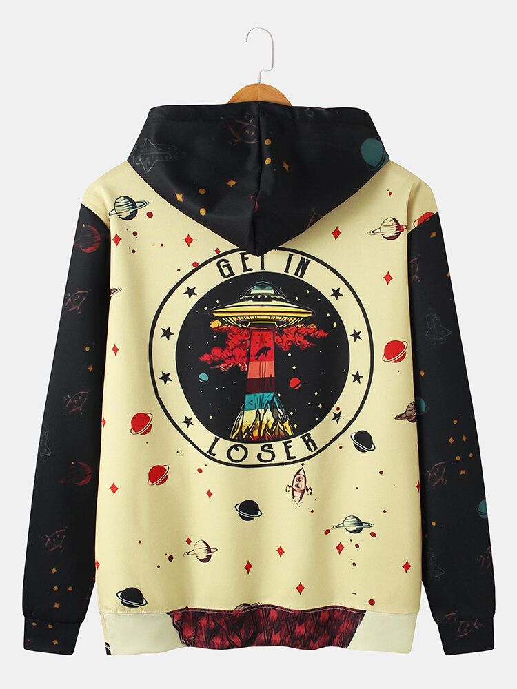 Sudaderas Con Capucha De Diseño De Bolsillo De Canguro Con Estampado De Graffiti De Planeta Ufo Para Hombre