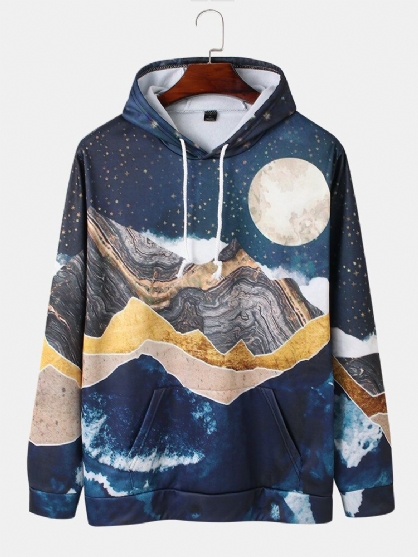 Sudaderas Con Capucha De Diseño De Bolsillo De Canguro Con Estampado De Pintura De Paisaje De Montaña Para Hombre