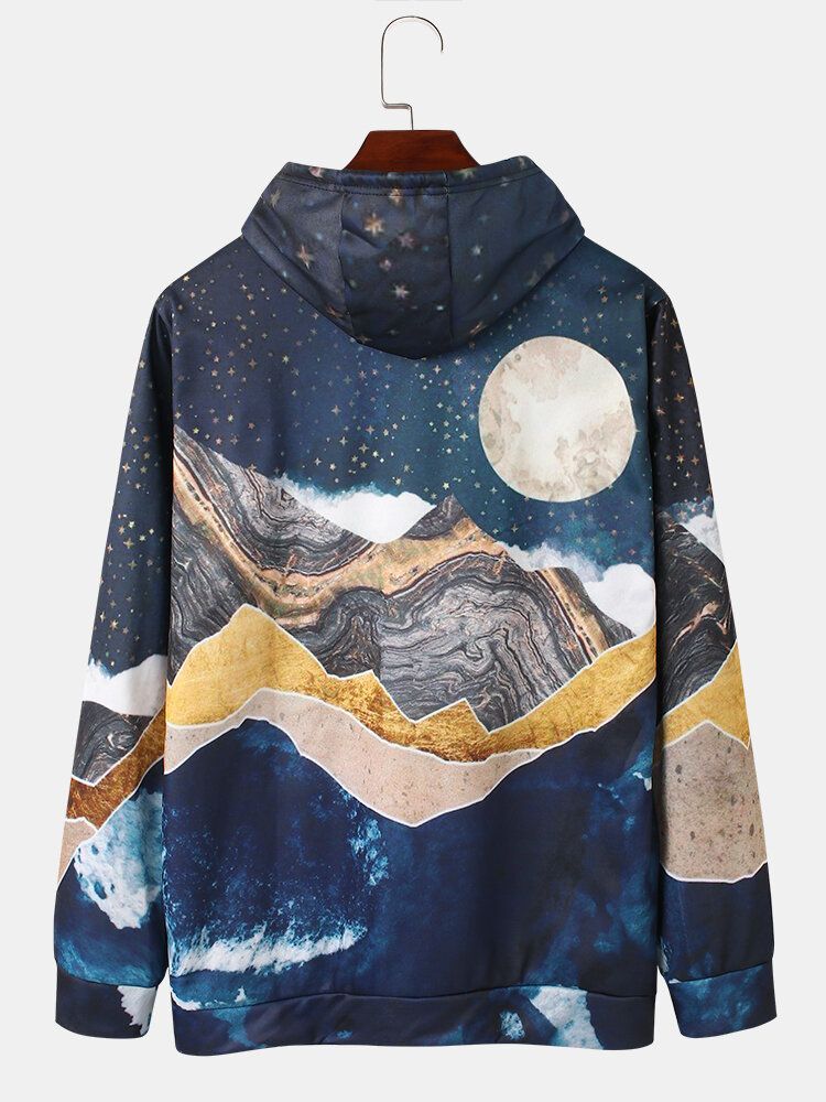 Sudaderas Con Capucha De Diseño De Bolsillo De Canguro Con Estampado De Pintura De Paisaje De Montaña Para Hombre