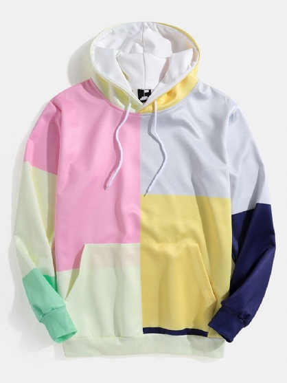 Sudaderas Con Capucha De Diseño De Bolsillo De Canguro De Manga Larga Con Bloques De Color Para Hombre