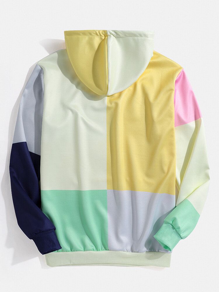 Sudaderas Con Capucha De Diseño De Bolsillo De Canguro De Manga Larga Con Bloques De Color Para Hombre