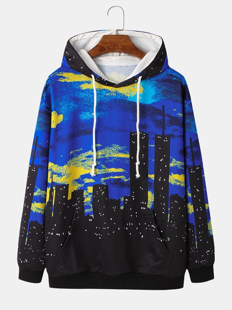 Sudaderas Con Capucha De Diseño De Bolsillo Con Estampado De Paisaje De Ciudad Nocturna Para Hombre