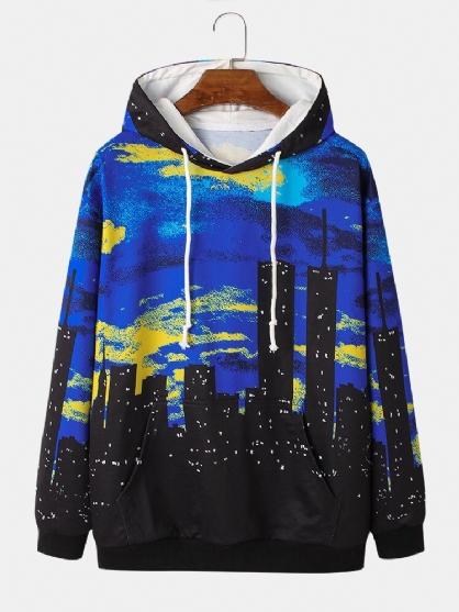 Sudaderas Con Capucha De Diseño De Bolsillo Con Estampado De Paisaje De Ciudad Nocturna Para Hombre