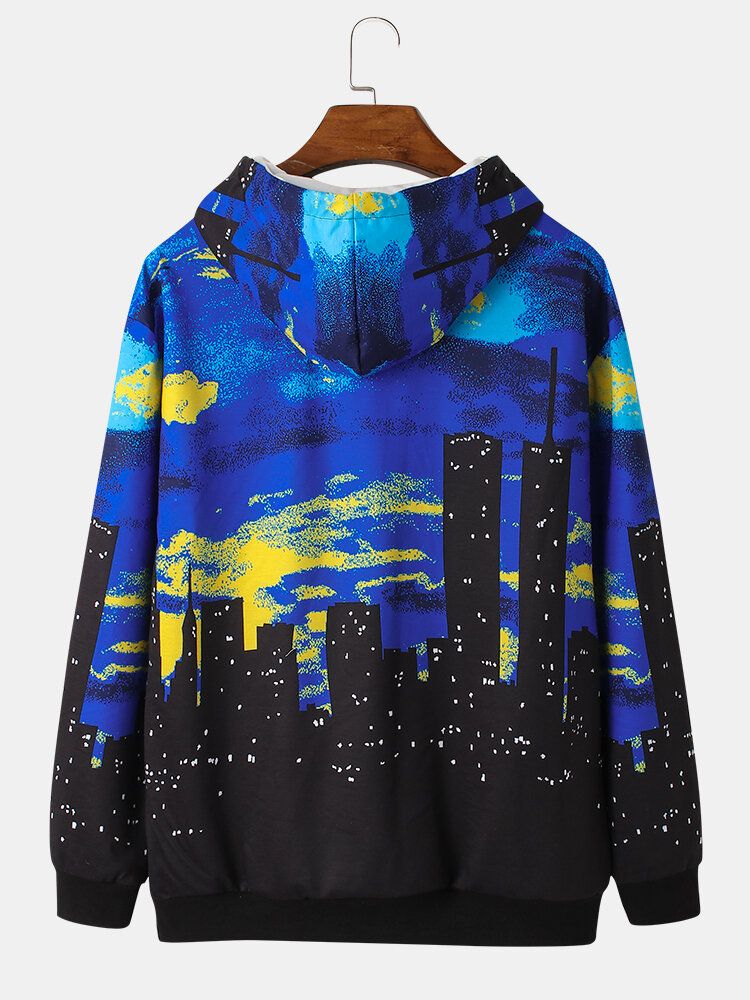 Sudaderas Con Capucha De Diseño De Bolsillo Con Estampado De Paisaje De Ciudad Nocturna Para Hombre