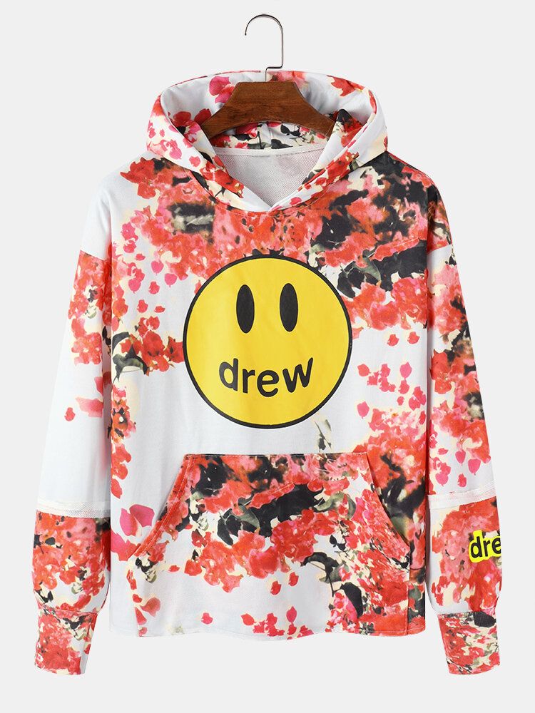 Sudaderas Con Capucha Con Diseño De Estampado Floral Y Emojis Drew Para Hombre Con Bolsillo De Canguro