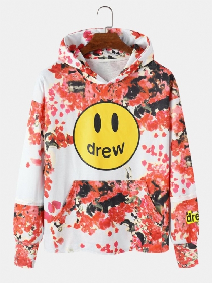 Sudaderas Con Capucha Con Diseño De Estampado Floral Y Emojis Drew Para Hombre Con Bolsillo De Canguro