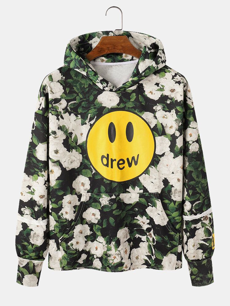 Sudaderas Con Capucha Con Diseño De Estampado Floral Y Emojis Drew Para Hombre Con Bolsillo De Canguro