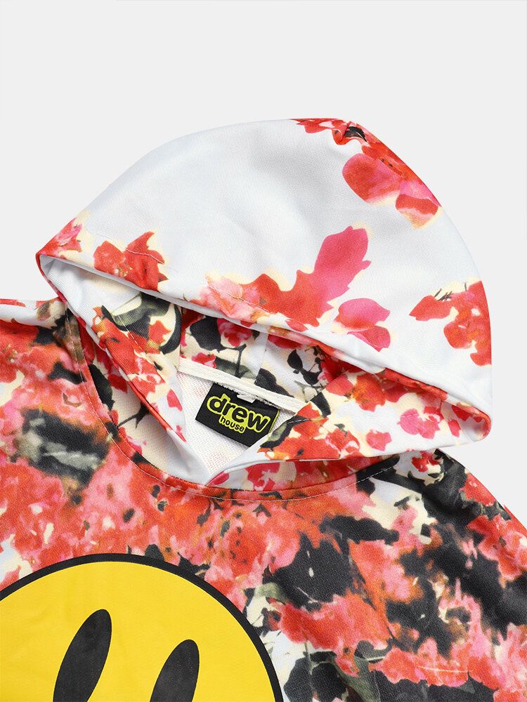 Sudaderas Con Capucha Con Diseño De Estampado Floral Y Emojis Drew Para Hombre Con Bolsillo De Canguro