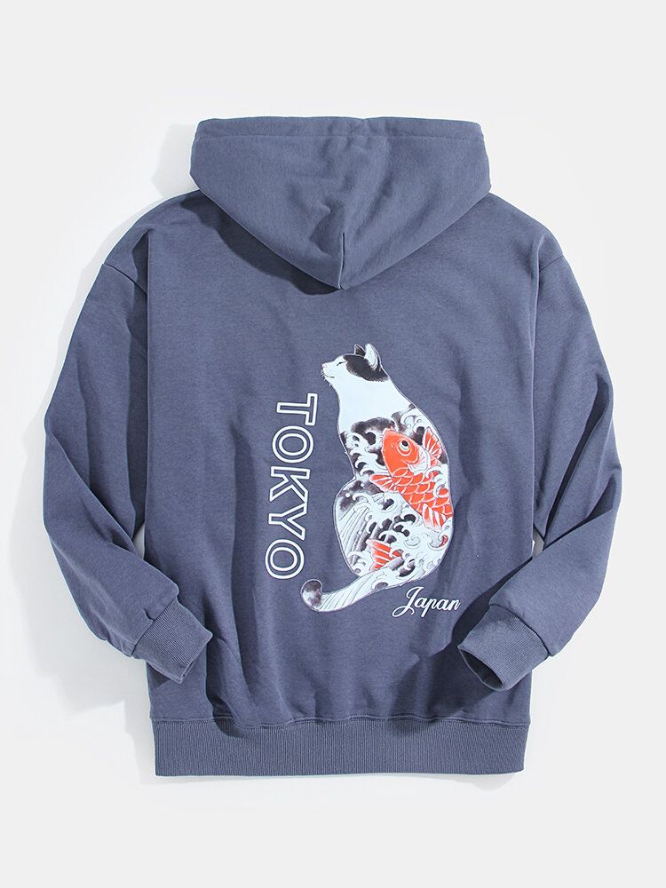 Sudaderas Con Capucha Con Diseño De Gato Y Letras En La Espalda Para Hombre Con Bolsillo De Canguro