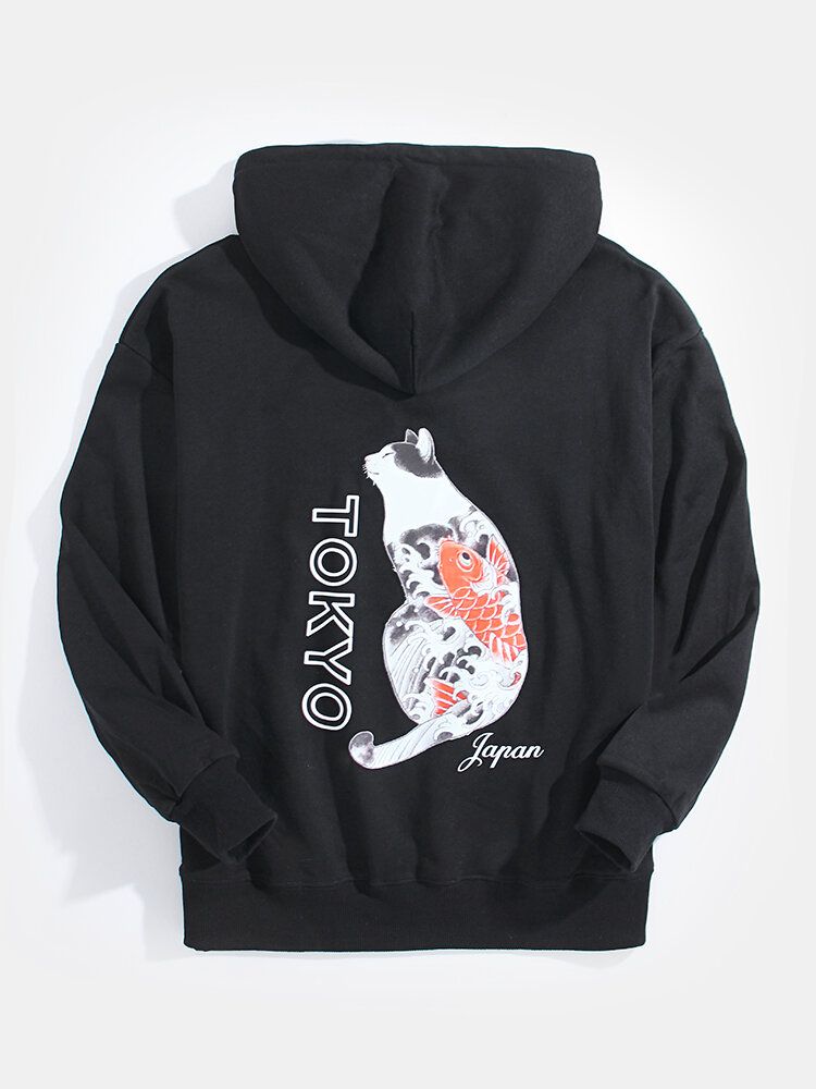 Sudaderas Con Capucha Con Diseño De Gato Y Letras En La Espalda Para Hombre Con Bolsillo De Canguro