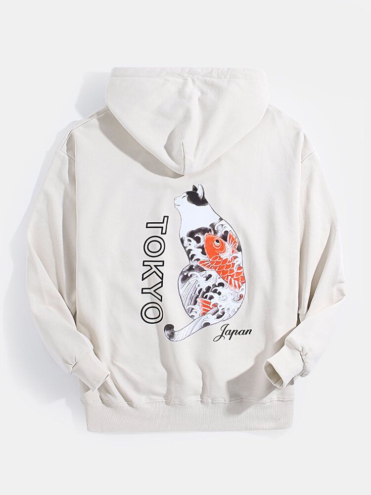 Sudaderas Con Capucha Con Diseño De Gato Y Letras En La Espalda Para Hombre Con Bolsillo De Canguro