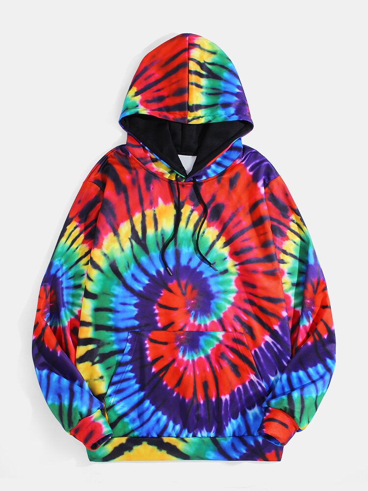 Sudaderas Con Capucha De Diseño De Manga Larga Con Bolsillo Con Estampado De Teñido Anudado Colorido Para Hombre Con Bolsillo