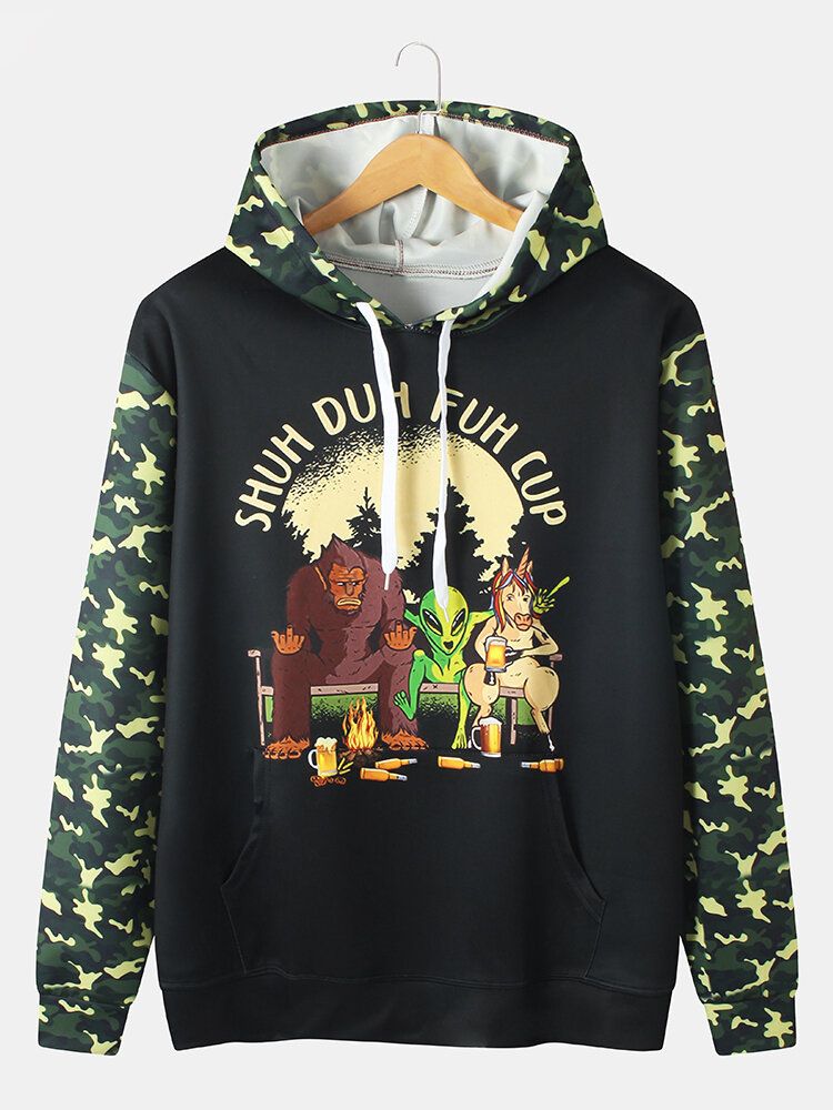 Sudaderas Con Capucha De Diseño De Patchwork De Camuflaje Con Estampado De Letras Y Dibujos Animados Para Hombre