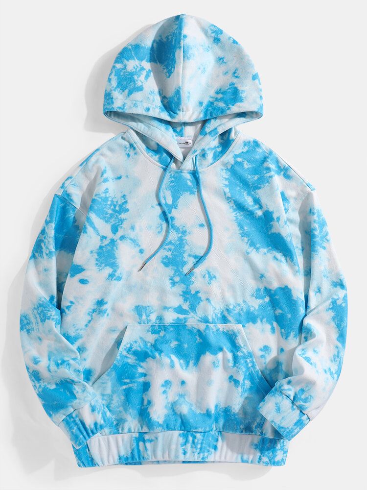 Sudaderas Con Capucha Con Dobladillo Ajustado Y Estampado Tie Dye Azul Para Hombre Con Bolsillo