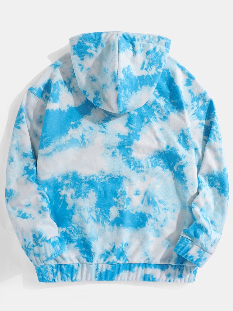 Sudaderas Con Capucha Con Dobladillo Ajustado Y Estampado Tie Dye Azul Para Hombre Con Bolsillo