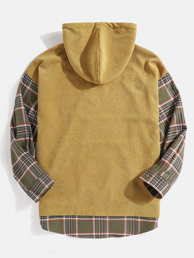 Sudaderas Con Capucha Con Dobladillo Alto-bajo Con Bolsillo De Canguro A Cuadros De Patchwork De Pana Para Hombre