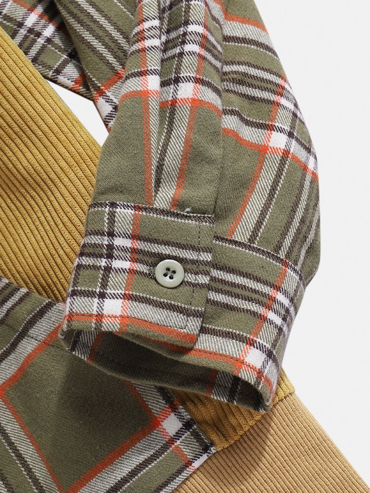 Sudaderas Con Capucha Con Dobladillo Alto-bajo Con Bolsillo De Canguro A Cuadros De Patchwork De Pana Para Hombre