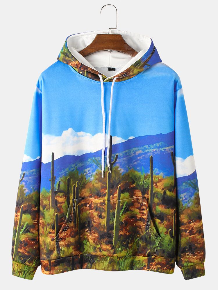 Sudaderas Con Capucha Estampadas Con Cordón Y Estampado De Paisaje Vegetal Para Hombre Con Bolsillo De Canguro