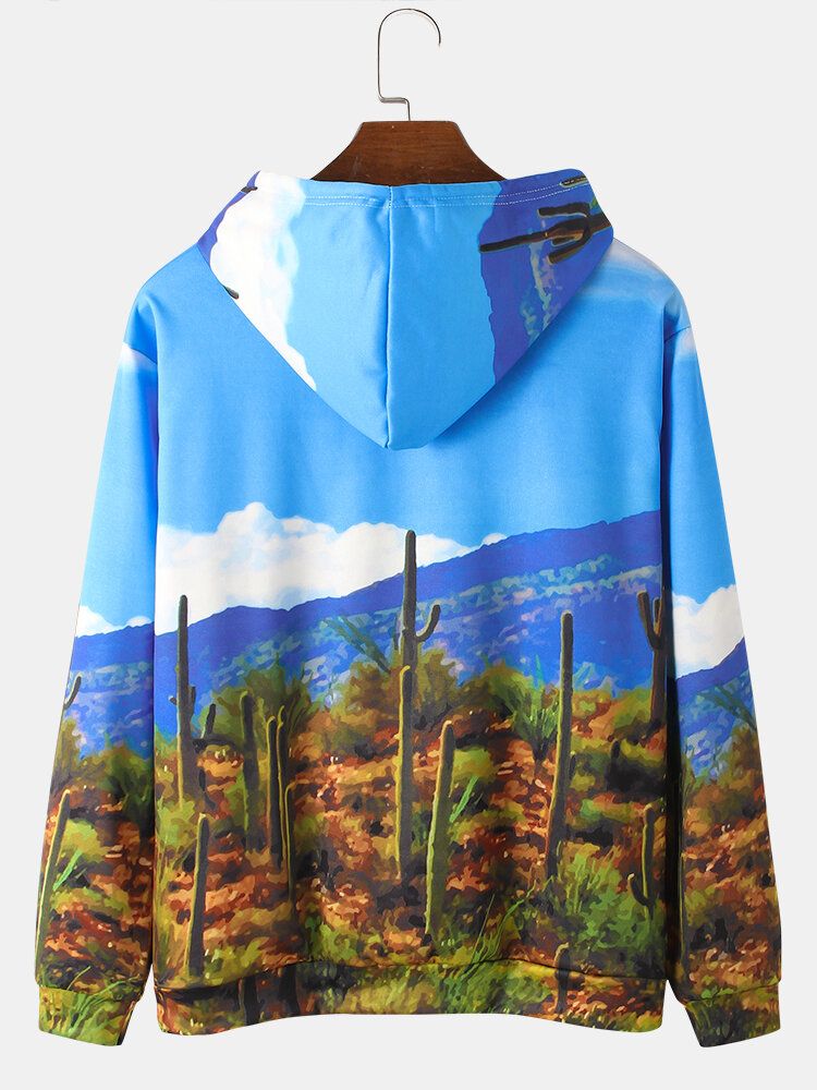 Sudaderas Con Capucha Estampadas Con Cordón Y Estampado De Paisaje Vegetal Para Hombre Con Bolsillo De Canguro