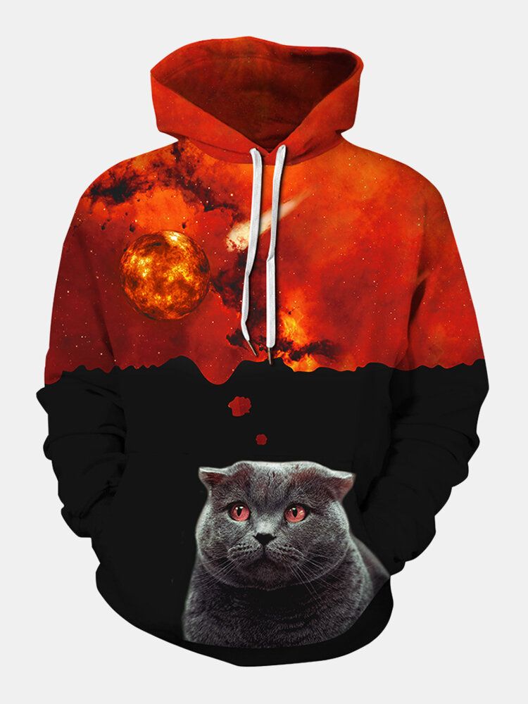 Sudaderas Con Capucha Con Estampado De Gatos Y Galaxias En 3d Para Hombre Con Bolsillo