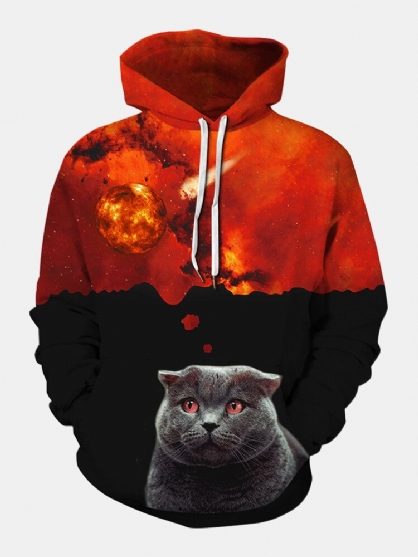 Sudaderas Con Capucha Con Estampado De Gatos Y Galaxias En 3d Para Hombre Con Bolsillo