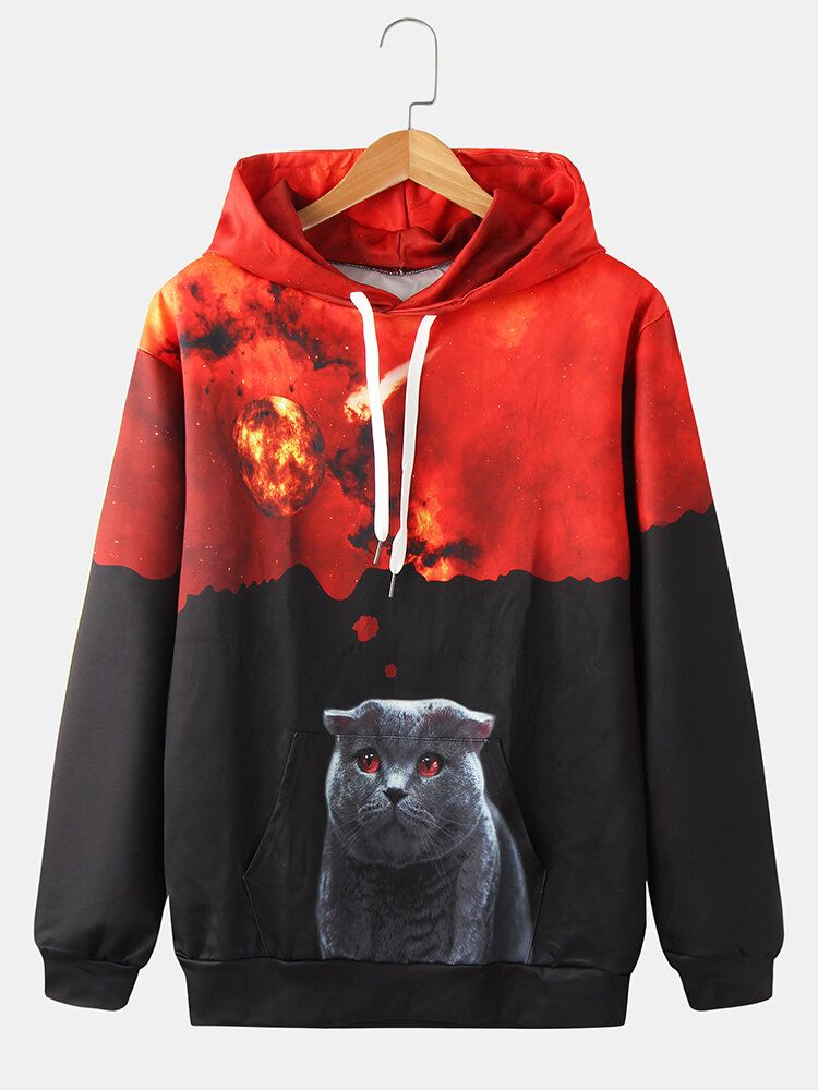 Sudaderas Con Capucha Con Estampado De Gatos Y Galaxias En 3d Para Hombre Con Bolsillo