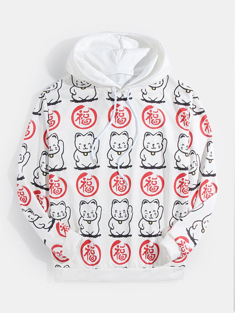 Sudaderas Con Capucha De Estilo Chino Con Estampado De Gato De La Suerte Y Estampado De Texto Para Hombre Con Bolsillo De Canguro