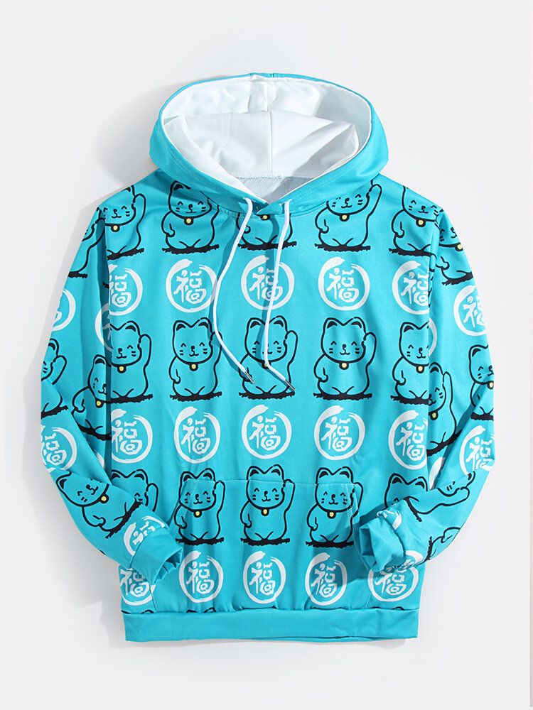 Sudaderas Con Capucha De Estilo Chino Con Estampado De Gato De La Suerte Y Estampado De Texto Para Hombre Con Bolsillo De Canguro