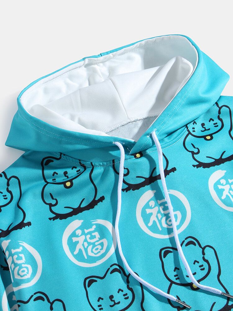 Sudaderas Con Capucha De Estilo Chino Con Estampado De Gato De La Suerte Y Estampado De Texto Para Hombre Con Bolsillo De Canguro