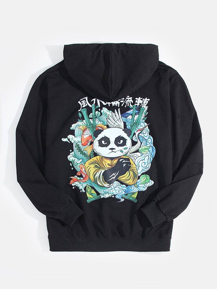 Sudaderas Con Capucha De Estilo Étnico Con Bolsillo Trasero Con Estampado De Panda De Dibujos Animados Y Texto Para Hombre