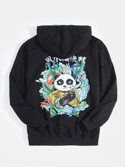 Sudaderas Con Capucha De Estilo Étnico Con Bolsillo Trasero Con Estampado De Panda De Dibujos Animados Y Texto Para Hombre