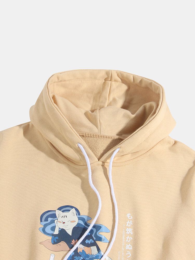 Sudaderas Con Capucha De Estilo Étnico Con Hombros Caídos Y Estampado De Gato De Dibujos Animados Para Hombre Con Bolsillo