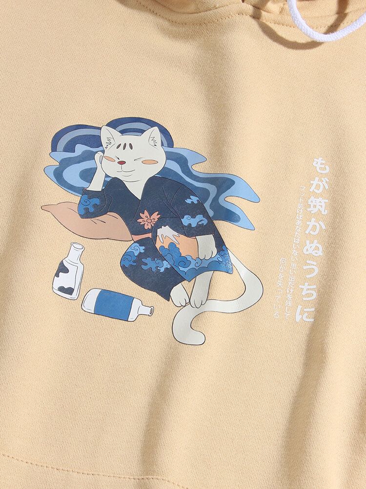 Sudaderas Con Capucha De Estilo Étnico Con Hombros Caídos Y Estampado De Gato De Dibujos Animados Para Hombre Con Bolsillo