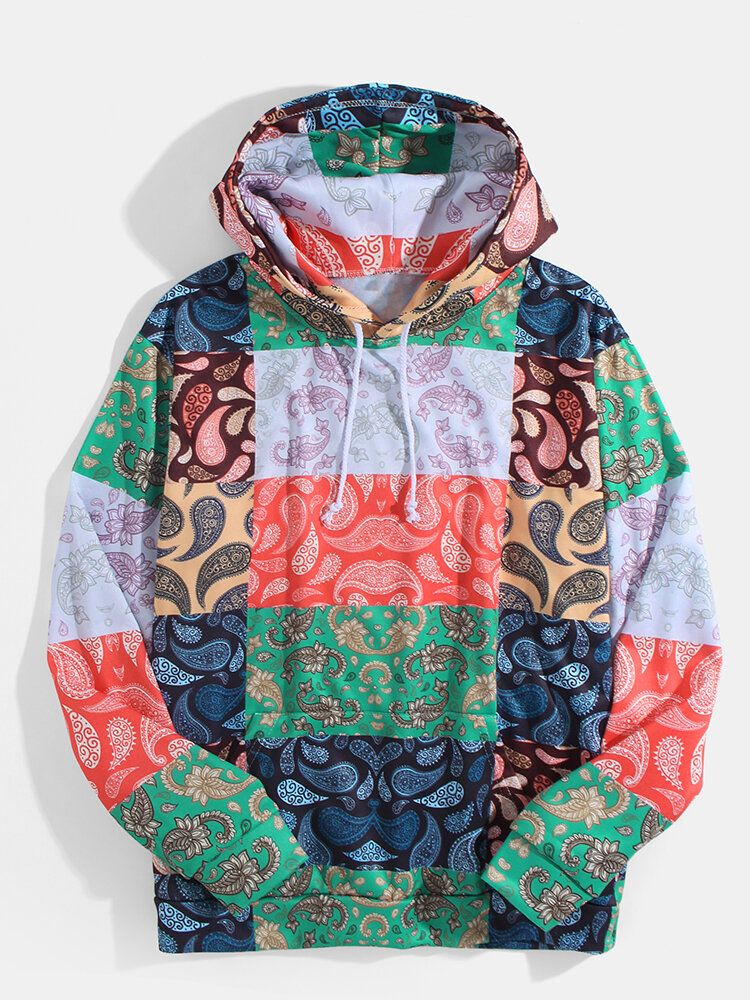 Sudaderas Con Capucha De Estilo Étnico De Manga Larga Con Estampado De Paisley Para Hombre Con Bolsillo De Canguro