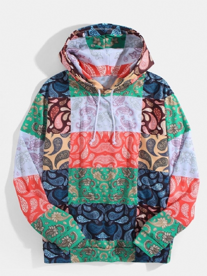 Sudaderas Con Capucha De Estilo Étnico De Manga Larga Con Estampado De Paisley Para Hombre Con Bolsillo De Canguro