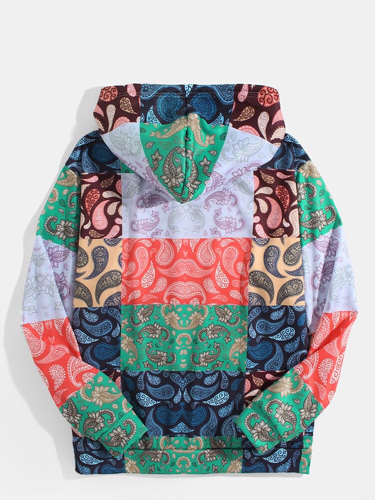 Sudaderas Con Capucha De Estilo Étnico De Manga Larga Con Estampado De Paisley Para Hombre Con Bolsillo De Canguro