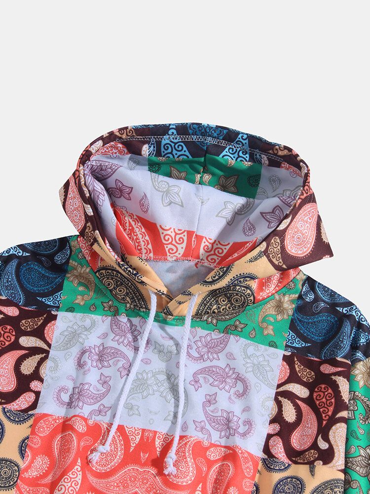 Sudaderas Con Capucha De Estilo Étnico De Manga Larga Con Estampado De Paisley Para Hombre Con Bolsillo De Canguro