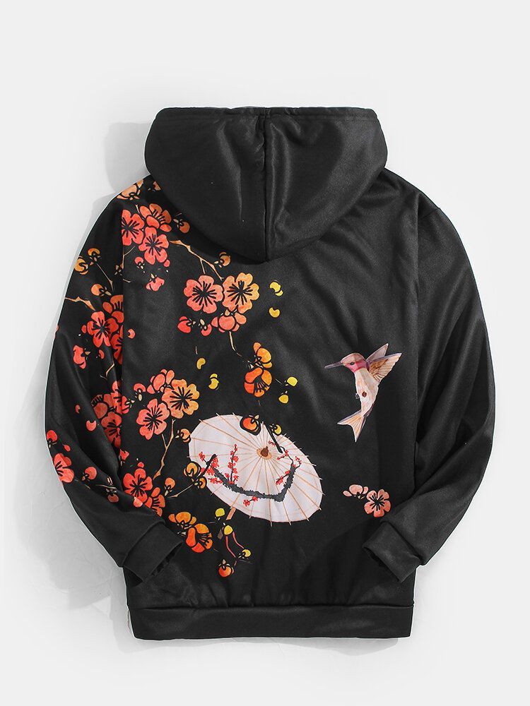 Sudaderas Con Capucha De Estilo Étnico De Manga Larga Negra Con Bolsillo De Canguro Y Estampado En La Espalda De Pájaro Para Hombre