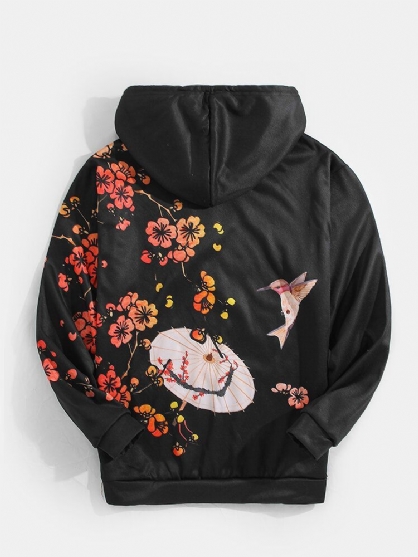 Sudaderas Con Capucha De Estilo Étnico De Manga Larga Negra Con Bolsillo De Canguro Y Estampado En La Espalda De Pájaro Para Hombre