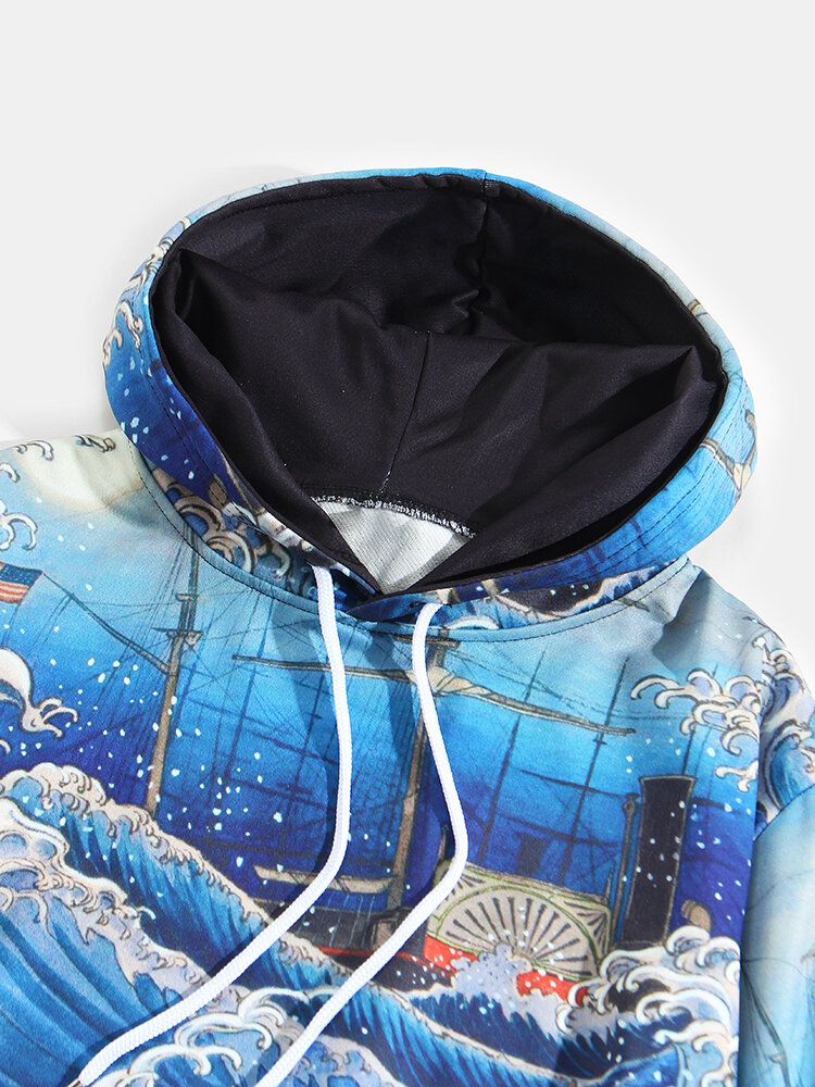 Sudaderas Con Capucha De Estilo Étnico Ukiyoe Con Bolsillo De Canguro Para Hombre