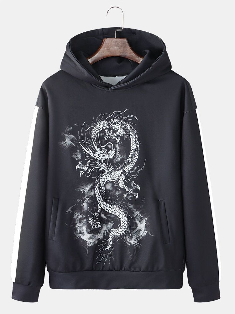 Sudaderas Con Capucha De Estilo Nacional De Algodón Con Rayas Laterales Con Estampado De Dragón Oriental Para Hombre