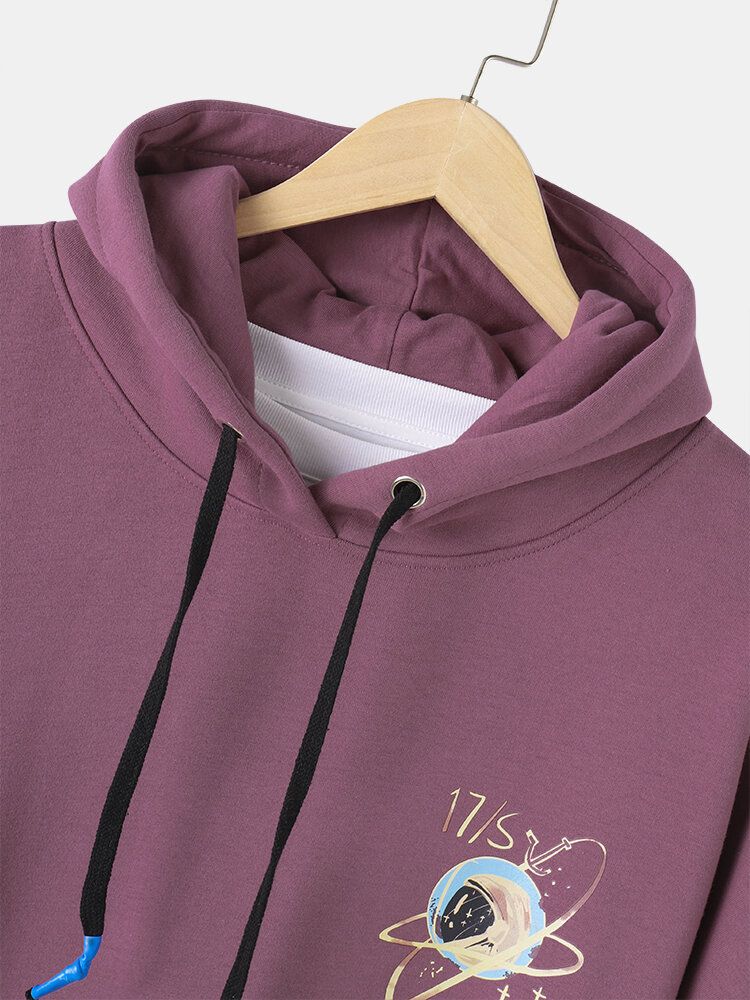 Sudaderas Con Capucha Gruesas Cálidas Con Estampado De Letras Y Satélites Para Hombre Con Bolsillo