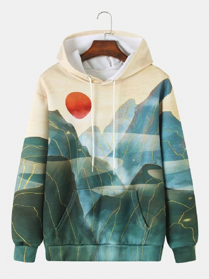 Sudaderas Con Capucha De Hombro Caídas De Estilo Étnico Con Estampado De Pintura De Paisaje De Montaña Para Hombre