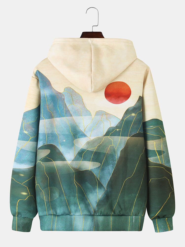 Sudaderas Con Capucha De Hombro Caídas De Estilo Étnico Con Estampado De Pintura De Paisaje De Montaña Para Hombre